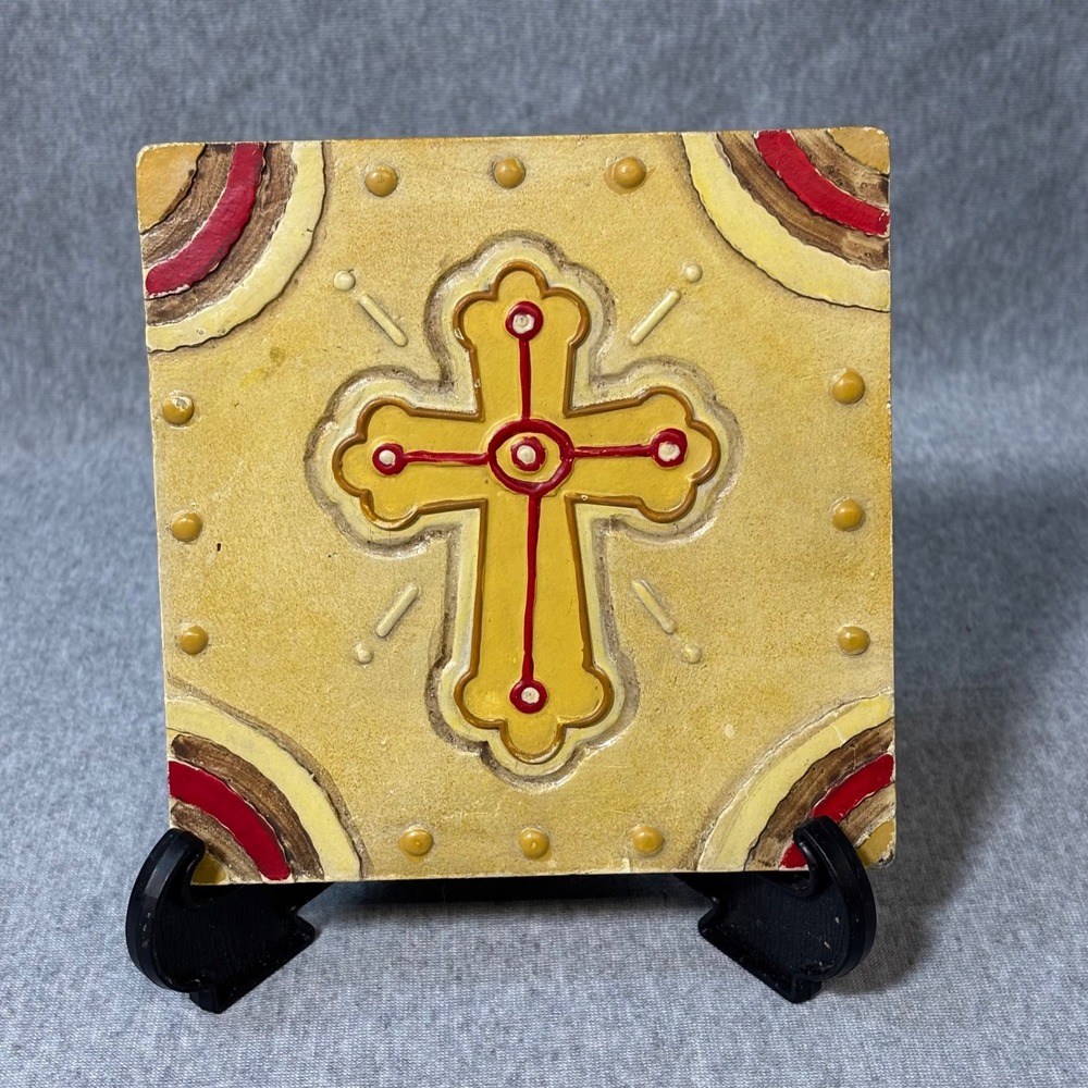 Ganz Cross Wall Plaque Tile Yellow Red Boho Religious Decor Art EK3653